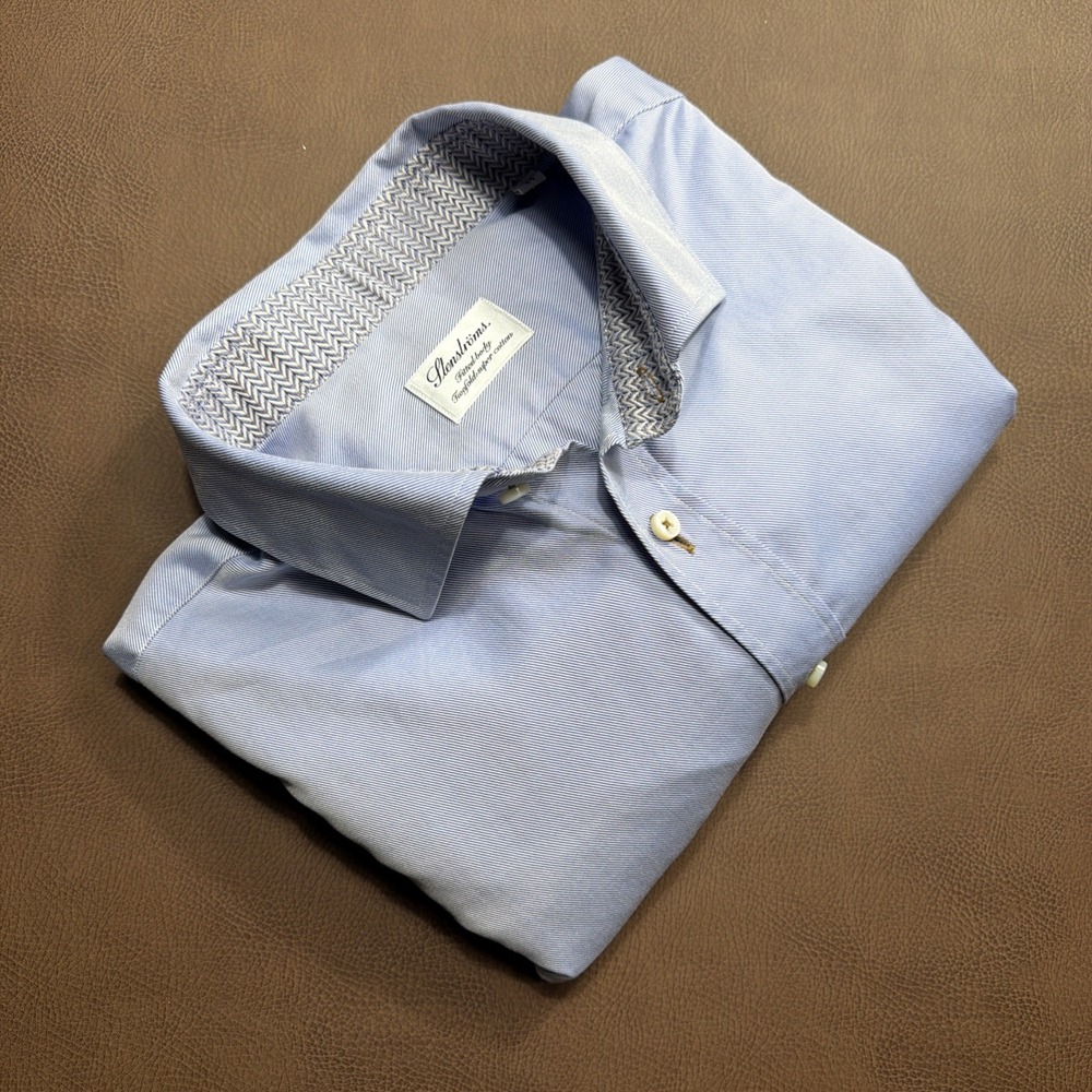 Stenstrőms Dress Shirt Mens 17.5 44 Fitted Body Twofold Cotton Dark Light Blue